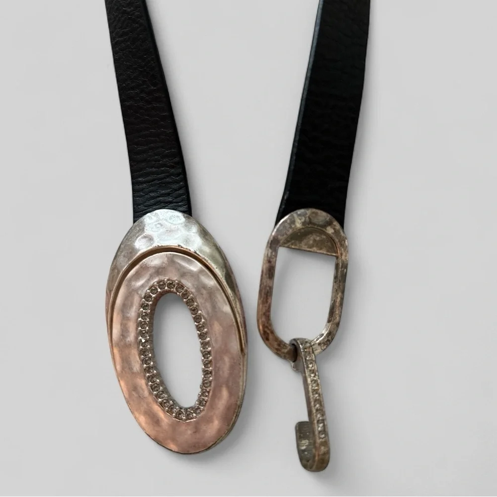 CHICO’S leather belt, size S/M, hammered gold tone with rhinestones buckle.Black